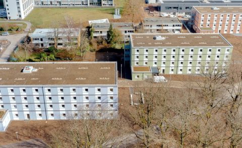 Drohnenaufnahme der neuen Studierendenwohnhäusern auf dem Unicampus Saarbrücken