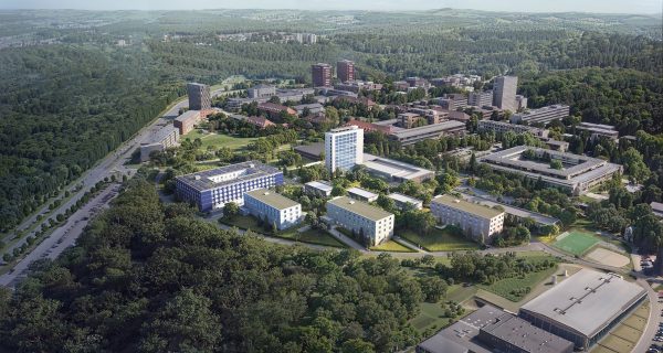 Visualisierung eines Luftbildes des neuen Studierendenwohnhauses im 2. Bauabschnitt auf dem Unicampus Saarbrücken