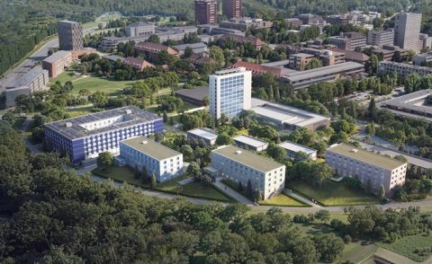 Visualisierung eines Luftbildes des neuen Studierendenwohnhauses im 2. Bauabschnitt auf dem Unicampus Saarbrücken