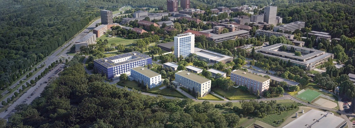 Visualisierung eines Luftbildes des neuen Studierendenwohnhauses im 2. Bauabschnitt auf dem Unicampus Saarbrücken