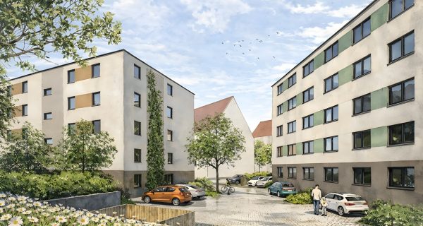 Visualisierung der Ansicht des im Bau befindlichen Gebäudes von außen
